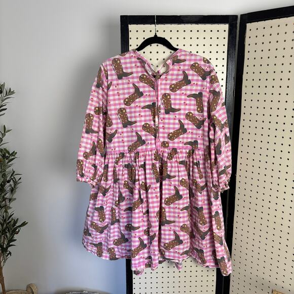 NWOT Megan Crosby Lila Cowboy Dress Pink Gingham Mini Puff-Sleeve Boot-Print - Picture 4 of 6